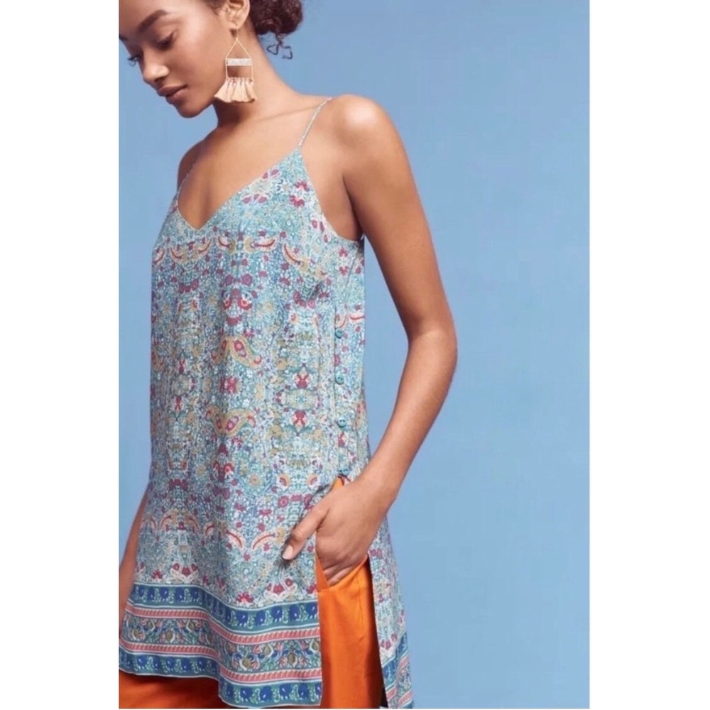 Maeve Merry Anthropologie 100% Silk Paisley Slip Dress Tunic Green Teal Size 8
